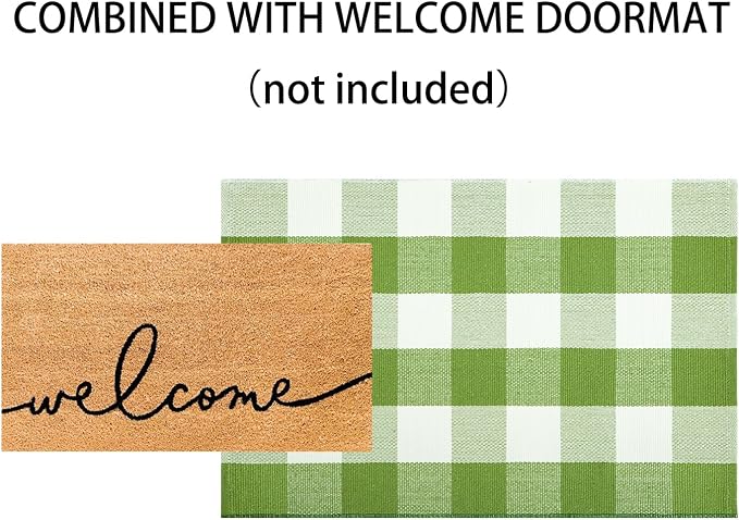 Buffalo Plaid Door Mats Outdoor 24''X35'' Green and White Checked Outdoor Rug Cotton Woven Washable Layering Door Mat for Welcome Mat Entryway Bedroom Living Room