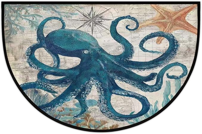 Octopus Retro Half Round Door Mat Non Slip Half Circle Rugs | Animals Ocean Washable Half Moon Rug Semi Circle Rugs Indoor Entrance Floor Carpet for Kithen Bedroom Fireplace Decor