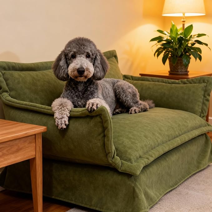 2-in-1 Human & Pet Dog Sofa, Solid Pine Wood Frame with Supportive Foam, Indoor Modern Pet Furniture(Green)