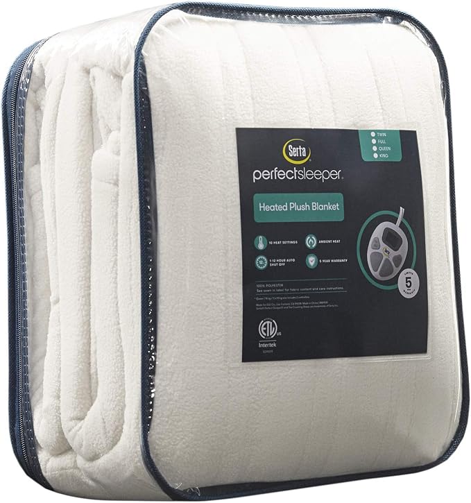 Serta Heated Blanket Full - Reversible Fleece Heating Blanket, Creme White | Dual-Layer Heated Throw Blanket With 5 Heat Settings & Auto Shut Off, Machine Washable, ETL Certified