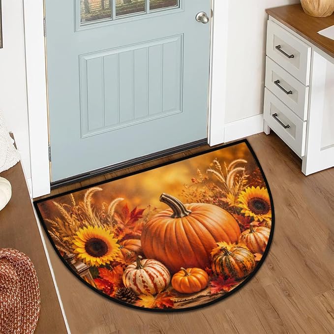 Thanksgiving Half Round Door Mat Welcome Entrance Mat Bath Bathroom Rug B5 | Autumn Pumpkin Thanksgiving Welcome Entrance Mat Anti-Slip Half Moon Bath Mat Semi Circle Rug Indoor Outdoor Kitchen Rug