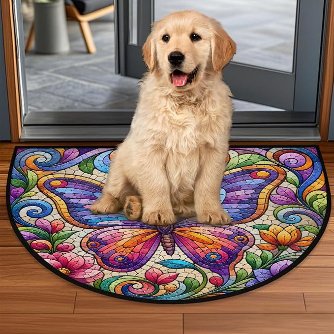 Butterfly Half Round Rug Half Moon Door Mat Half Circle Rugs | Rainbow Floral Washable Non-Slip Semi Circle Rug Welcome Half Round Door Mat Indoor Entrance Bedroom Living Room Decor B772
