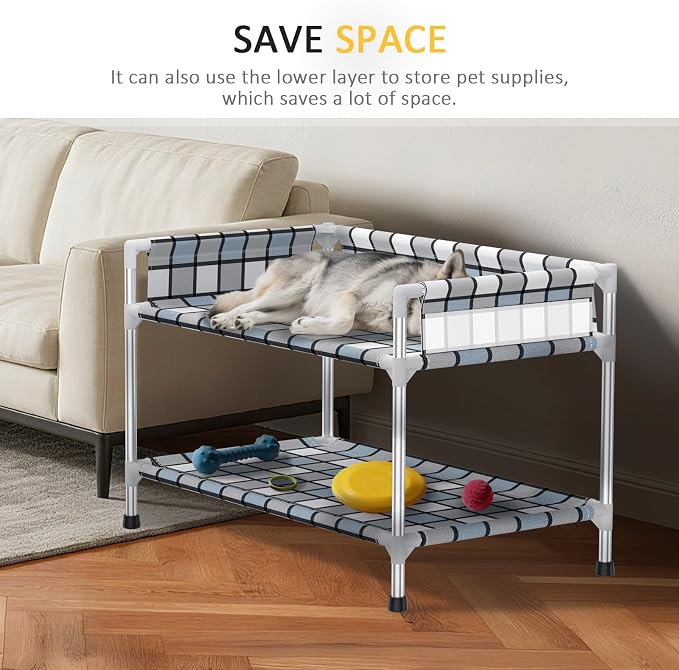 Bedside Window Dog Bunk Bed - Double Elevated Human Dog Bed with Guardrail 2 Layers Window Perch Dogs Cot 2-Tier Bedside Sleeper for Multi-Pet Households (34" x 20" x 24", Double Layer)