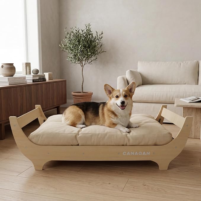 CANAGAN Elevated Wooden Dog Bed with Cushion, Natural Wood, Medium | Raised Dog Couch Bed with a Washable Cover and Plush PP-Filled Cushion, Designed for Medium Dogs and Stylish Indoor Living