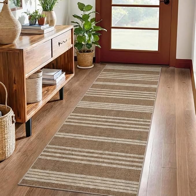 COZYLOOM Runner Rug 2x6 Kitchen Rugs Non Slip Washable Modern Striped Jute Rugs for Entryway, Stain Resistant Foldable Outdoor Indoor Area Rug for Bathroom Hallway, White/Coffee