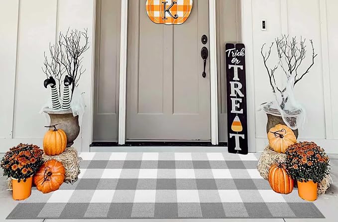 Grey and White Front Porch Rug 2'X4.3' Buffalo Plaid Outdoor Rug Cotton Woven Washable Indoor Outdoor Area Rug for Welcome Door Mat Entryway Dining Room Bedroom Living Room