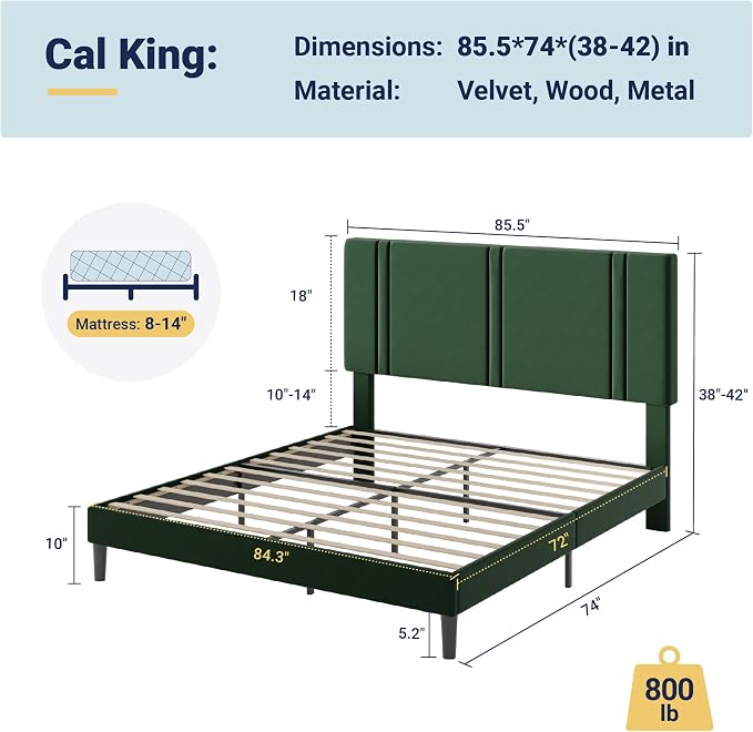 Allewie California King Size Platform Bed Frame with Adjustable Headboard | Plush Velvet Upholstered, Vertical Channel Tufted, Sturdy Wood Slats, No Box Spring Needed, Easy Assembly, Green