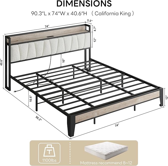 LIKIMIO California King Bed Frames, Bouclé Storage Headboard with Charging Station, Solid and Stable, Noise Free, No Box Spring Needed, Easy Assembly