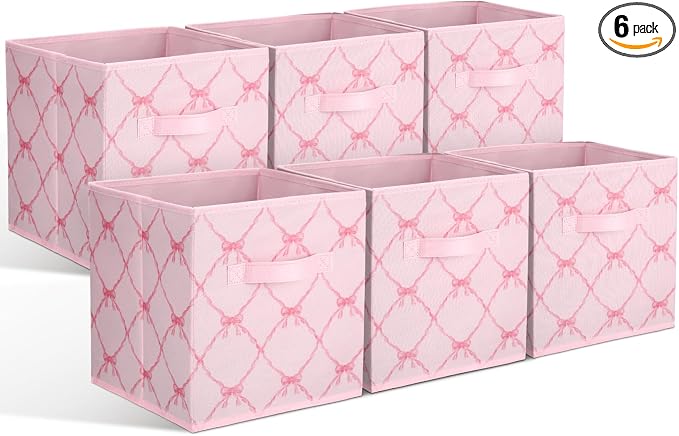 Geelin 6 Pcs Light Pink Bow Cube Storage Bins 11 Inch Storage Basket with Handle, Preppy Girls Organizer Basket, Collapsible Fabric Box for Classroom Bedrooms Office Home Decoration Gift