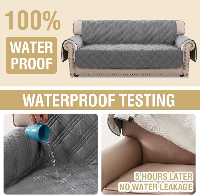 H.VERSAILTEX 100% Waterproof Couch Covers for 3 Cushion Couch Sofa Modern Sofa Slipcovers with Elastic Straps Thick Soft Furniture Protector Pet Friendly(Sofa, Grey/Beige)