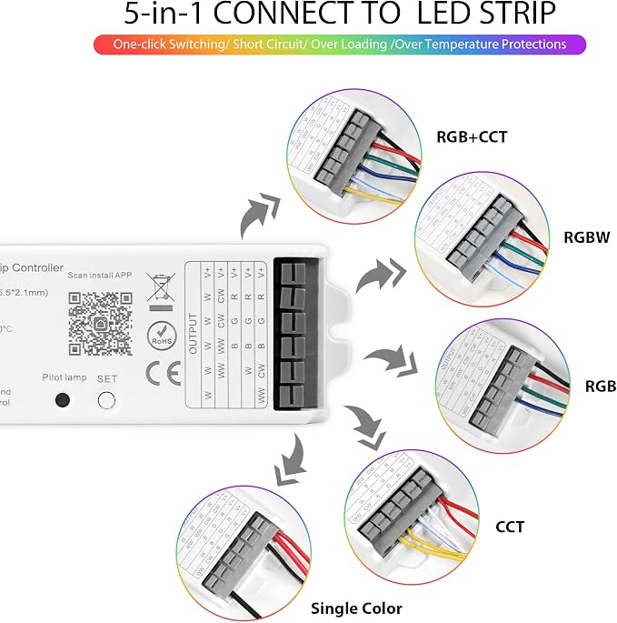 WB5 RF WiFi Bluetooth LED Strip Controller RGB CCT RGBW 5in1 Dimmable Compatible with Smart Life APP/Alexa Echo/Google Assistant Home/Siri, DC12-24V Lights Controller | PWM Dimmer Compatible with Tuya Smart / Smart Life APP / Alexa Echo / Google Assist...