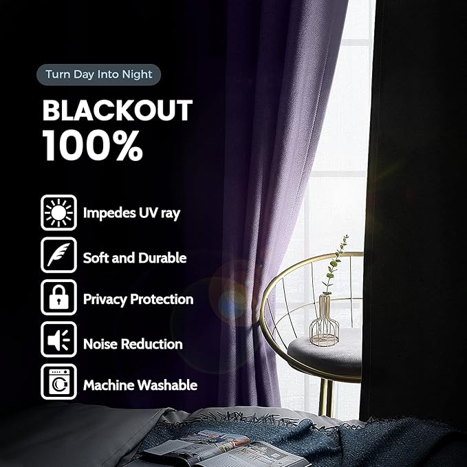 SimpleHome 100% Blackout Curtains for Bedroom,Thermal Insulated Lilac Grommet Window Drapes Room Darkening Curtains for Living Room with Black Back,62 x 84 Inch,2 Panels