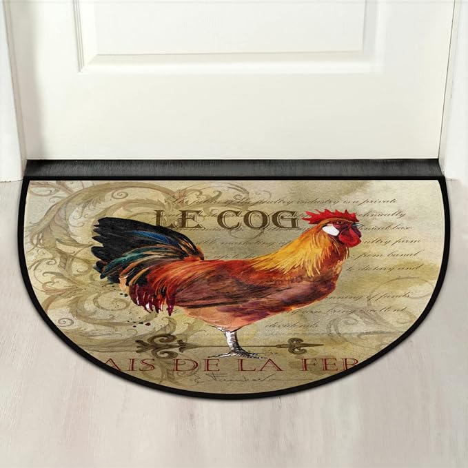 Vintage Rooster Half Round Doormat Vintage Animal Rooster Non-Slip Semi Circle Area Rug Durable Washable Ha;f Moon Rug Floor Mat for Indoor Outdoor Living Room Bedroom Kitchen Floor Home Decor