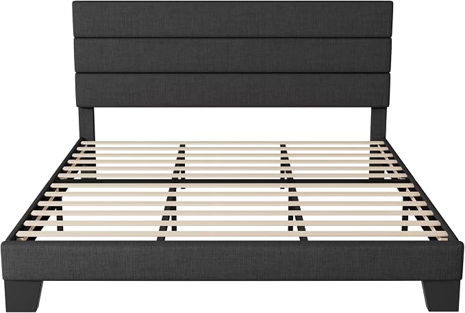 Allewie King Size Platform Bed Frame with Fabric Upholstered Headboard Gray | Wooden Slats Support, Fully Upholstered Mattress Foundation, No Box Spring Needed, Easy Assembly, Noise-Free, Dark Grey