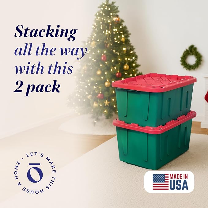 HOMZ Holiday Plastic Storage Container, 27 Gallon - Set of 2, Green and Red, 2 Sets | Heavy-Duty Large Stackable Container Seasonal Boxes for Home, Attic, and Garage Organization