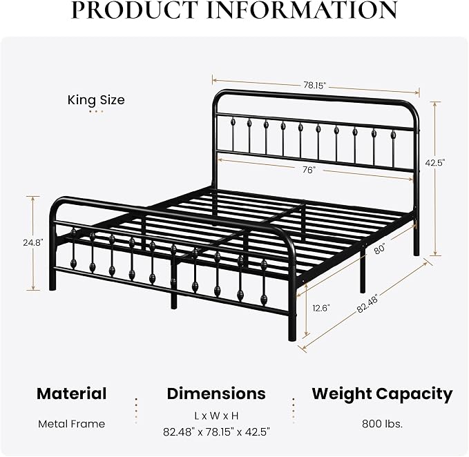 SHA CERLIN King Metal Bed Frame with Victorian Iron-Art Headboard, Black | Victorian Iron-Art Headboard and Footboard, Easy Assembly, Under Bed Storage, No Box Spring Required