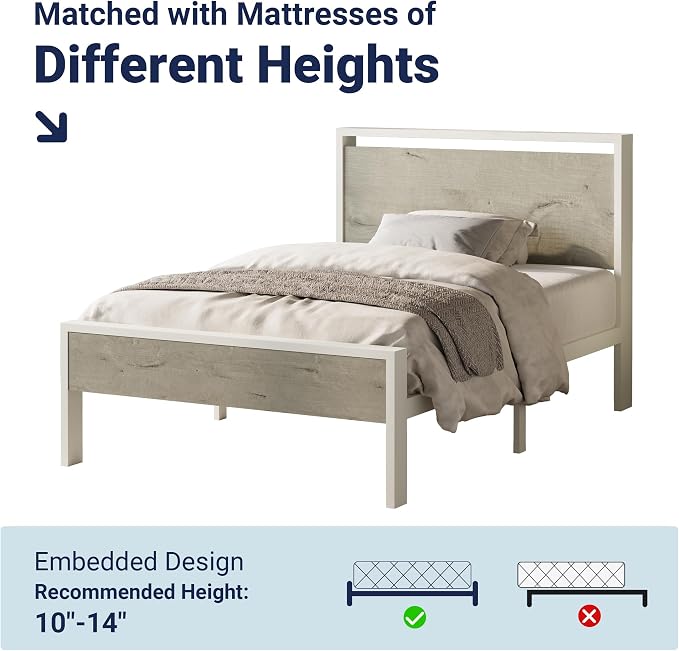 Allewie Twin Size Bed Frame, Heavy Duty 12 Metal Slats Support, White | Wooden Headboard and Footboard, Modern Platform Bed, No Box Spring Needed, Under-Bed Storage, Noise Free, Easy Assembly