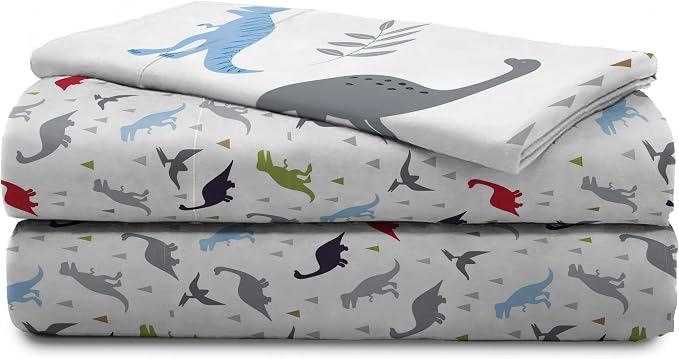 Trend Collector Dinosaur Toddler Comforter Set 4 Piece Bedding, Gray | Bed in a Bag, Comforter Sheets Pillowcase, Official Brand, Soft Microfiber, Machine Washable, Easy Care, Boys Gift