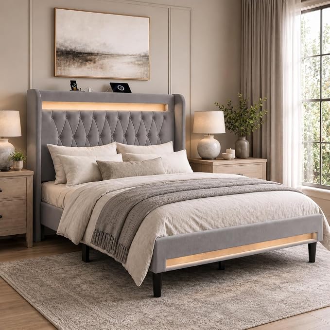 Allewie Queen Size Upholstered Bed Frame with LED & Charging Station, Gray | Customizable LED lights, charging station, tufted wingback headboard, noise-reducing support, and no box spring needed.