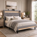 Allewie Queen Size Upholstered Bed Frame with LED & Charging Station, Gray | Customizable LED lights, charging station, tufted wingback headboard, noise-reducing support, and no box spring needed.