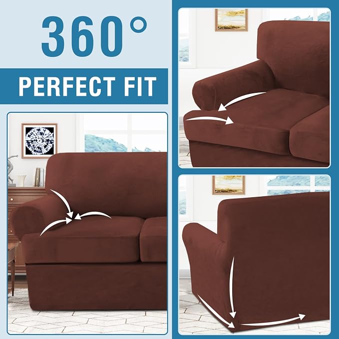 H.VERSAILTEX Sofa Cover 3 Piece T Cushion Sofa Slipcovers Thick Velvet Couch Cover Stretch T Cushion Sofa Covers for 2 Cushion Couch with 2 Individual T Cushion Covers, Burnt Brick