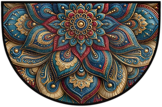 Mandala Half Round Door Mat Semi Circle Rug Half Moon Doormat | Soft Washable Blue Gold Welcome Entrance Mat for Outdoor Indoor Floor Bedroom Bathroom Home Kitchen Festival Decor