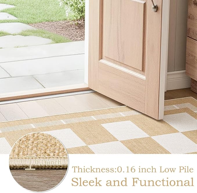 Vasofe Jute Checkered Outdoor Rug, 2x3 Small Entry Rug, Washable Indoor Mat | Front Door Mat, Non-slip Bedroom Bedside Rugs, Entrance Doorway Kitchen Mats, Plaid Farmhouse Porch Carpet, Khaki and White