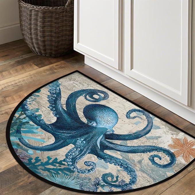 Octopus Half Round Doormat Semi Circle Rug Half Moon Rug Entryway Mat | Octopus Vintage Washable Non Slip Outdoor Floor Rug Kitchen Mat for Indoor Outdoor Bathroom Fireplace Bath Decor