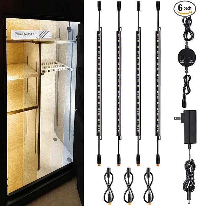TORCHSTAR 6pcs 12 Inch LED Safe Lighting Kit, Rocker Switch, 5CCT | Dimmable, UL Power Adapter, Input 100-240V, Linkable Gun Safe Light Bars, 900LM, for Under Cabinet Locker Closet Showcase