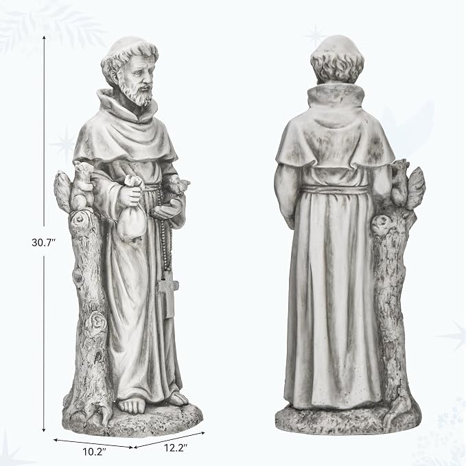 St. Francis Outdoor Garden Statue, Magnesium Oxide, Grey, 31 in | Catholic Outdoor Sculpture for Prayer & Meditation, Weatherproof, for Patio, Garden, and Yard Decor