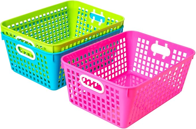 Really Good Stuff Large Plastic Storage Baskets with Handles - 6 Pack | 13.75" x 9.75" x 5", Neon Group Colors, for Books & Supplies, Organize Classroom & Home