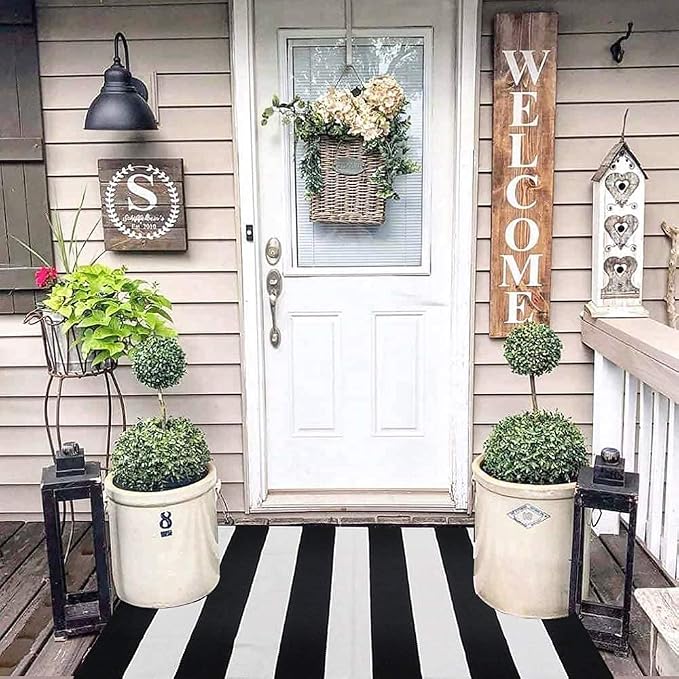 CAINANEL Black and White Striped Outdoor Rug 27.5X 43 inches Front Door Mat Hand-Woven Cotton Indoor/Outdoor for Layered Mats,Welcome Mat, Porch,Farmhouse,Kitchen,Entry Way