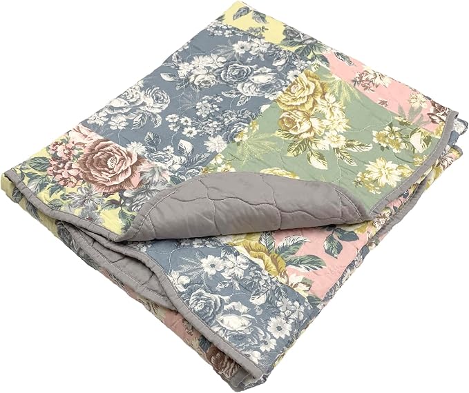 Greenland Home Emma Patchwork Floral Print Quilted Throw Blanket, 60x50-inch, Gray