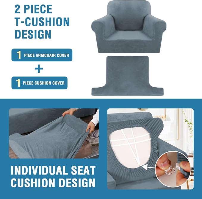 H.VERSAILTEX Sofa Cover 2 Piece T Cushion Armchair Slipcovers Thick Velvet Couch Cover Furniture Protector Stretch T Cushion Sofa Covers for 1 Cushion Couch with 1 T Cushion Covers, Stone Blue