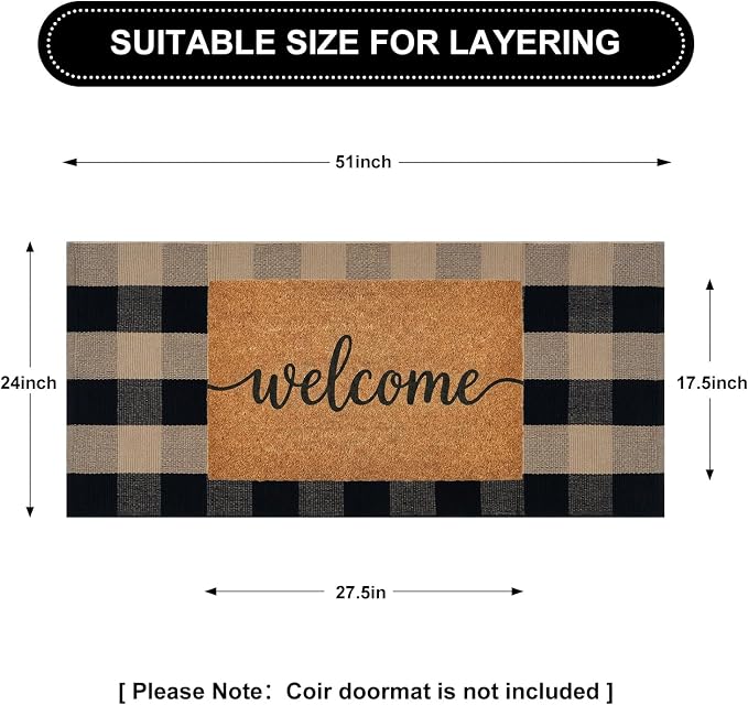 Uphome Bufflo Plaid Outdoor Rug 2'x4.3', Black Natural Checkered Front Door Mat for Fall Decor, Indoor Outdoor Farmhouse Cotton Porch Rug for Layered Door Mats, Washable Carpet Runner for Entryway