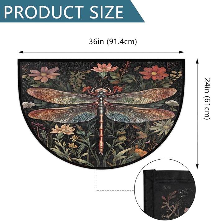 Dragonfly Half Round Door Mat Outdoor Doormat Bedroom Entrance Rug A18 | Dragonfly Flower Floral Semi Moon Door Mat Non-Slip Absorbent Kitchen Rug Indoor Welcome Bath Mat 36" X 24"
