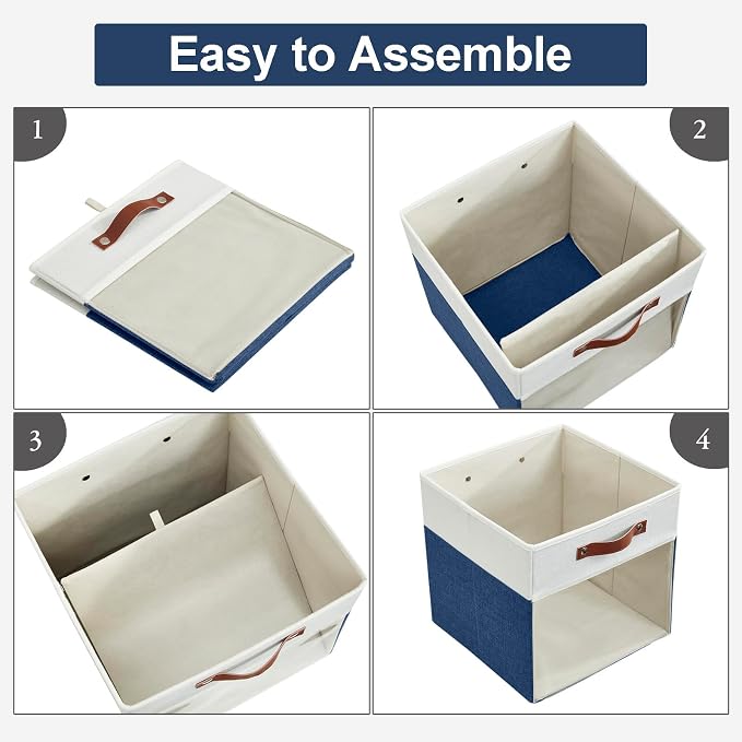 Bagnizer Storage Cubes, 4 Pack Linen Foldable Storage Bins (13 x 13 inch) with Clear Window and Handles, Fabric Organizer for Shelf Closet, Clothes, Books - (Navy Blue and White)