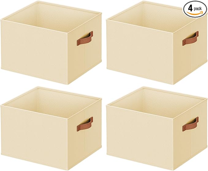 4 Pack Large Closet Storage Baskets Bins for Shelves, Collapsible Fabric Closet Organizers and Storage with Polyester Handles, Decorative Baskets for Organizing Clothes, Towels, Linen Closet 14"x10"