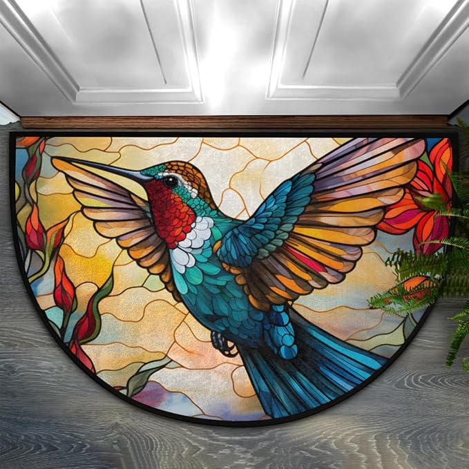 Half Round Door Mat Hummingbird Bird Animal Flower Non-Slip Semi Circle Area Rug Washable Half Moon Hearth Rugs for Indoor Outdoor Bathroom Kitchen Patio Runner Mat Laundry Room Home Decoration
