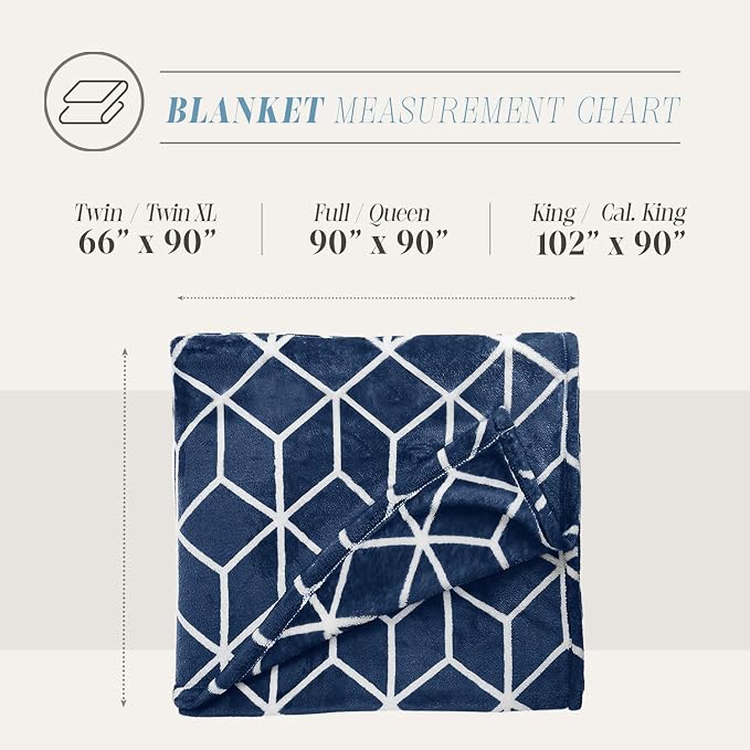 Elegant Comfort Luxury Velvety Feel Blanket, All-Season Lightweight Blanket, Ultra Plush, Soft, Cozy-Fuzzy Flannel Fleece for Couch, Sofa, Bed, Travel, Cube Design, Twin/Twin XL, Navy