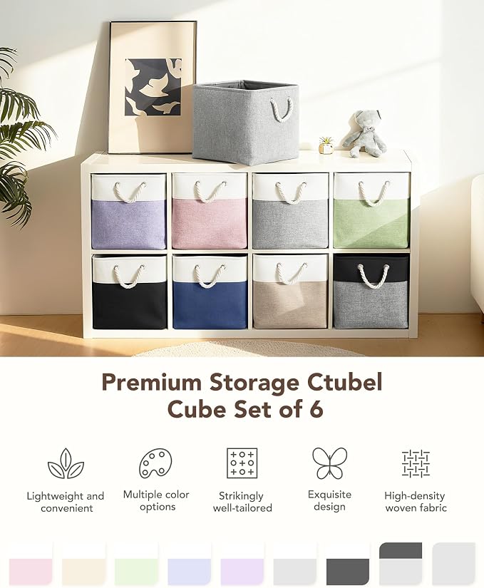 13x15x13 Inch Large Storage Bins with Cotton Rope Handles 6-Pack | Foldable, Top support of metal frame, Bottom with Cardboard Support, Fabric Cube Storage Bins for Closet, White Khaki