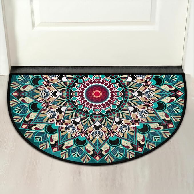 Mandala Half Round Doormat Non-Slip Semi Circle Rug Half Moon Mat | Turquoise Ethnic Flower Washable Soft Absorbent Indoor Outdoor Entrance Kitchen Bathroom Sink Welcome Fireplace Floor Rug