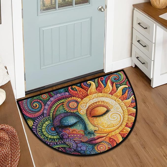 Moon Half Round Door Mat Semi Circle Rug Half Moon Doormat | Soft Washable Mandala Boho Welcome Entrance Mat for Outdoor Indoor Floor Bedroom Bathroom Home Kitchen Festival Decor