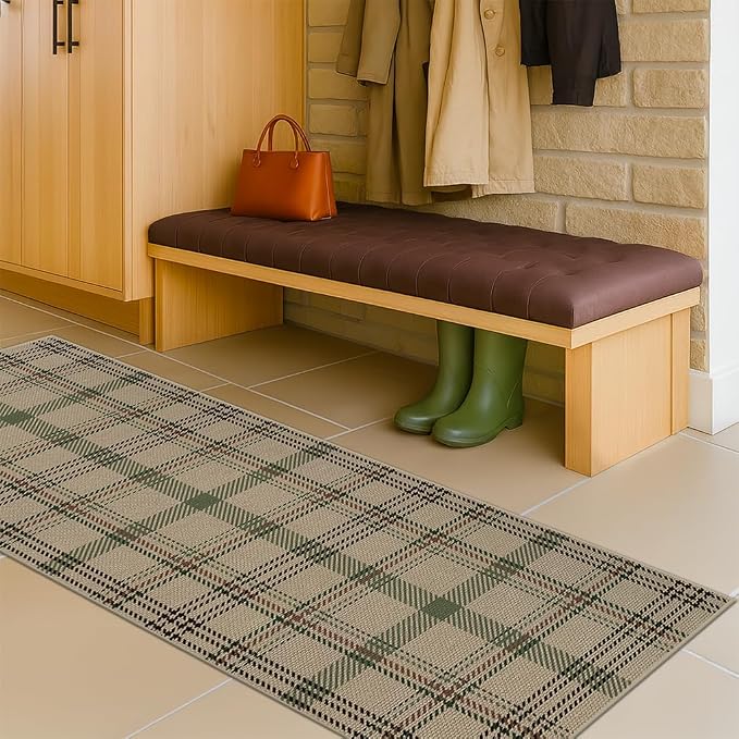 JTJ Plaid Easy Jute 2x6 Runner Rug, Washable Outdoor Runner Rug for Kitchen, Entryway and Front Door, Indoor Outdoor Farmhouse Non Slip Hallway Rug, Green