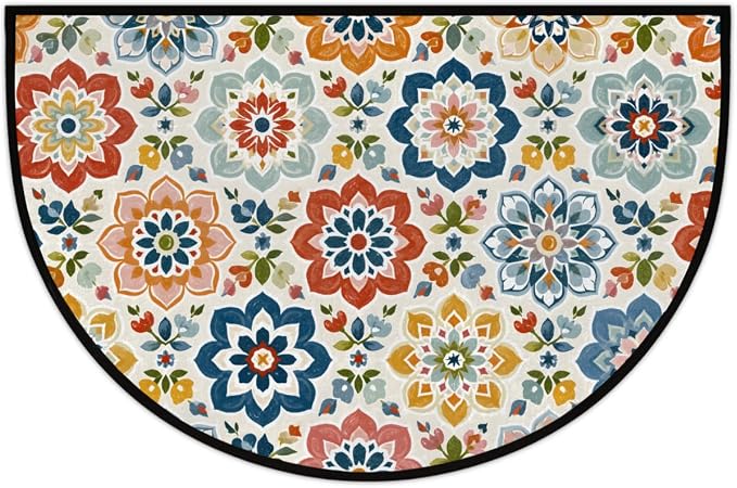 Bohemian Half Round Door Mat Outdoor Doormat Bedroom Entrance Rug A2 | Bohemian Flower Floral Semi Moon Door Mat Non-Slip Absorbent Kitchen Rug Indoor Welcome Bath Mat 36" X 24"