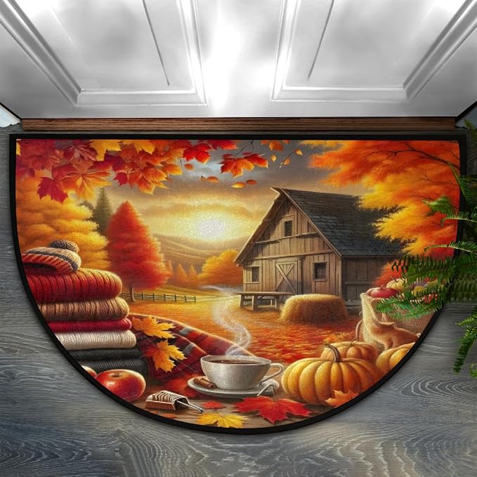 Fall Half Round Doormat Non-Slip Semi Circle Rug Half Moon Mat | Pumpkin Farm Maple Washable Soft Absorbent Indoor Outdoor Entrance Kitchen Bathroom Sink Patio Welcome Fireplace Floor Rug