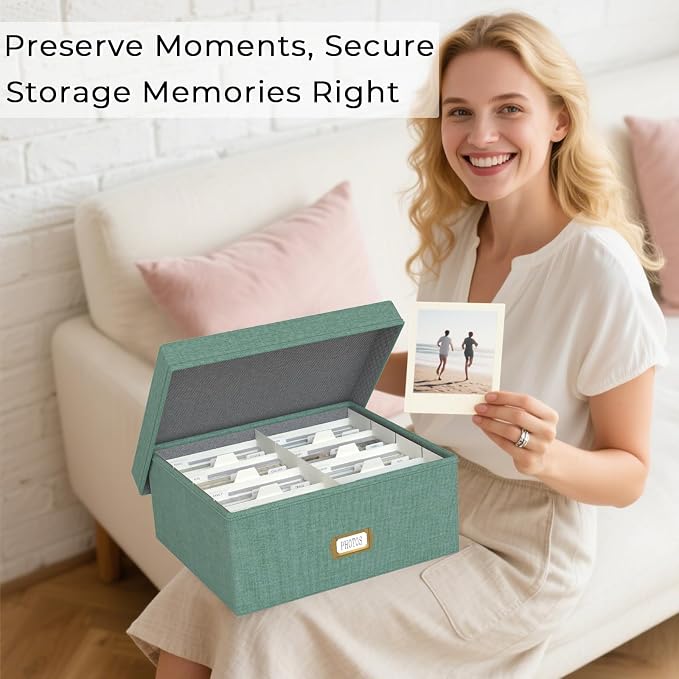 Decorative Photo Storage Box, 2 Pack Linen Photo Box Hold 1700 4x6 Pictures | Photo Storage Containers with 8 Dividers, Memory Keepsake Organizer for Photos, Scrapbook Supplies, Cards, Stamps, Green