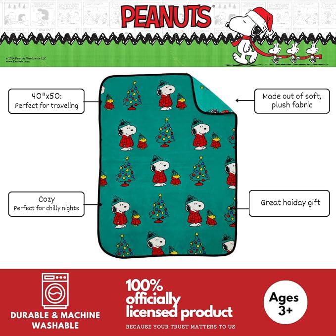Franco Collectibles® Peanuts® Snoopy & Woodstock Puffer Coat Holiday Christmas Super Soft Cozy Plush Throw, 40 in x 50 in, (Official Peanuts® Product)