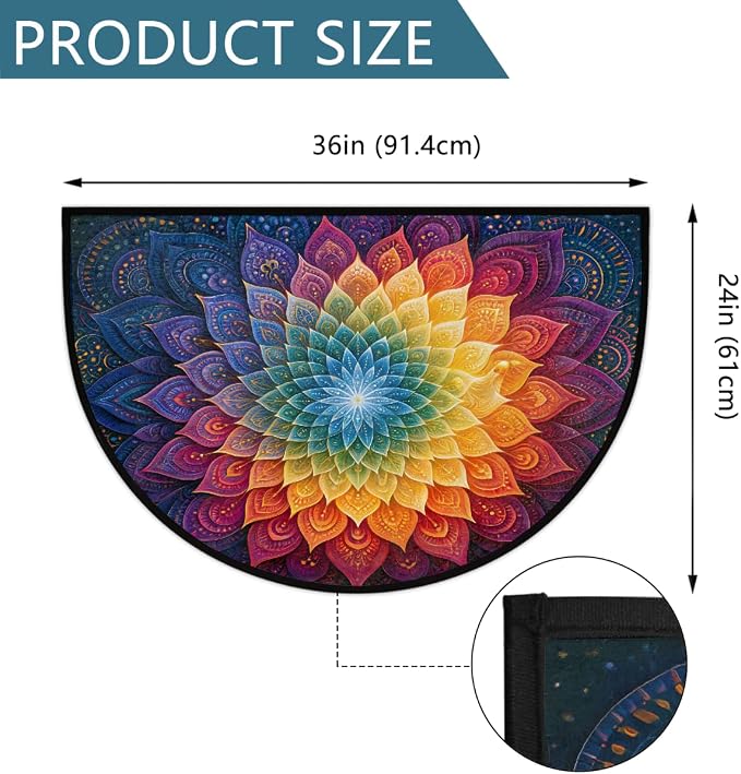 Rainbow Half Round Door Mat Semi Moon Rug Fireplace Carpet Area Rugs | Mandala Color Non Slip Absorbent Half Circle Mat Carpet for Indoor Outdoor Patio Kitchen Bathroom Entryway Home Decor
