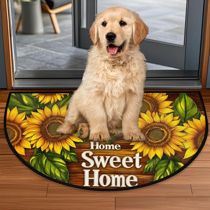 Flowers Sunflowers Half Round Rug Half Moon Door Mat Half Circle Rugs | Autumn Fall Washable Non-Slip Semi Circle Rug Welcome Half Round Door Mat Indoor Entrance Kitchen Bedroom Living Room Decor